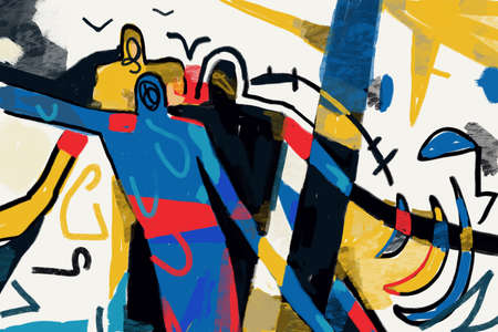 Colorful people silhouette on wall with abstract elements. Graffiti and street art style artwork with brush stroke like.の写真素材