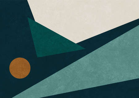 Geometrical art with triangle and circle shapes. Dark color modern artwork in bauhaus, cubism and scandinavian style. Printable illustration.の写真素材