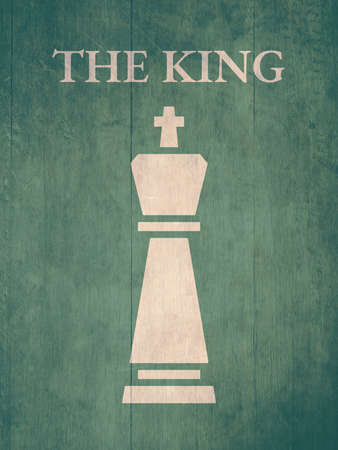 Silhouette of King Chess piece on green background with textured and name tag text. Old and Vintage Poster Concept. Sport and Strategic Game.の写真素材