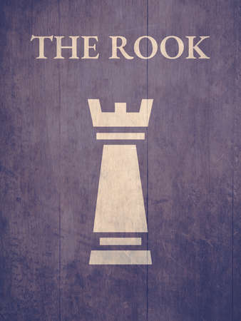 Silhouette of Rook Chess piece on purple background with textured and name tag text. Old and Vintage Poster Concept. Sport and Strategic Game.の写真素材