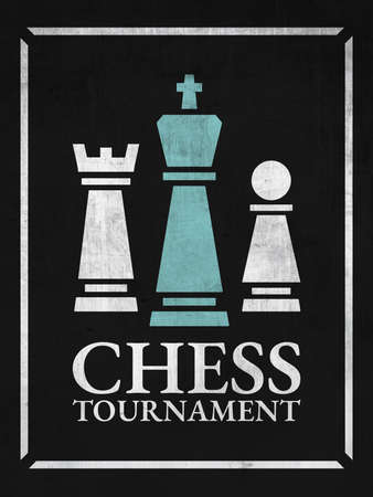 Chess Tournament Poster Design. Blue King and White Pawn and Rook, outline pieces on black background with text. Modern Design Style. Illustration Artwork.の写真素材