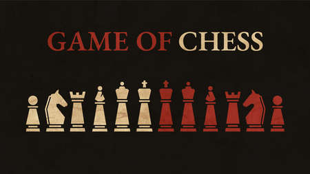 Game of Chess. Chess with all Pieces on black background in 16:9 format with text typography. White and Red pieces. Epic Battle Background.の写真素材