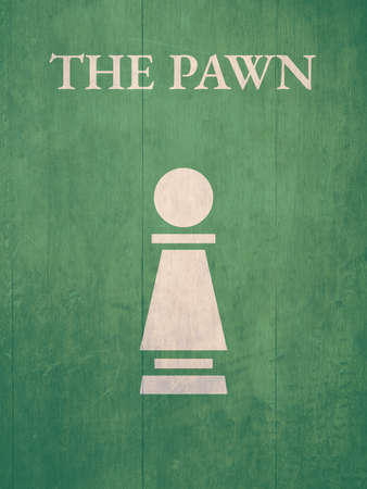 Silhouette of Pawn Chess piece and name on green background with texture. Old and Vintage Poster Concept. Sport and Strategic Game.の写真素材