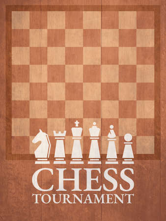 Chess Tournament Poster Design with all Pieces in white and Chess Board on Wood Background Texture. Old and Vintage Artwork.の写真素材