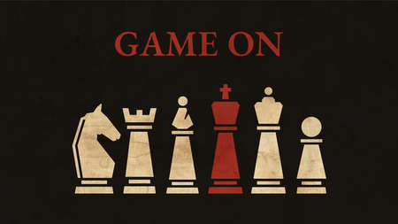 Illustration of all the chess pieces with text game on. Design on black background, 16/9 format. Game of chess background. Strategic game.の写真素材