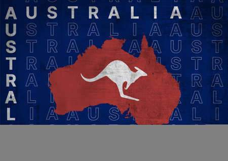 kangaroo from Australia with the map of country. illustration with text in english. deep color and flat design with nostalgia vibe. poster for affiche, banner and marketingの写真素材