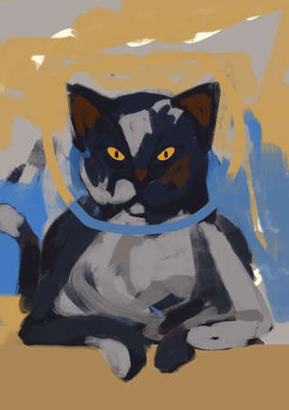 Cheerful face cat portrait black color and unhappy grunge painting and paper cut, mix-media art, modern painting and graffiti. Aesthetic painting with vibrant color. Concept for wall artの写真素材
