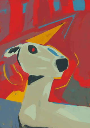 Calm animal unicorn with red background, artwork, modern art and grunge graffiti. Artistic oil painting with contrasting color. Illustration for wall art, print and posterの写真素材