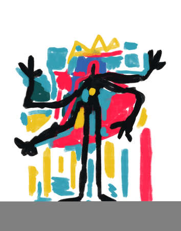 Cheerful Four-armed black creature with a crown, Graffiti 80s inspiration afro american artist. Aesthetic painting with harmonious color. Concept for promo, ads and posterの写真素材