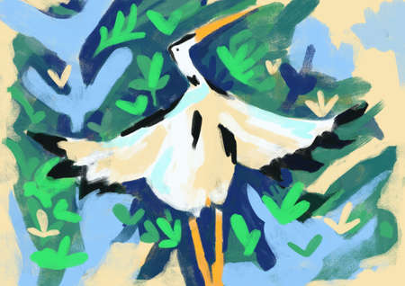 Peaceful stork with plants and a calming atmosphere, mix-media illustration, arty painting. Happy painting with strong color. Painting for book, cover and printの写真素材
