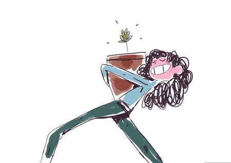 Funny Girl hugs a pot, she is happy to garden, cartoon and strip. Artistic sketch with brilliant. Illustration for print, wall art and eventの写真素材