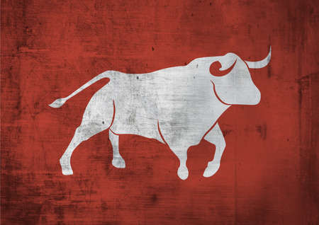 Majestic Bull rush and running with red textured, minimal concept and animal poster. Aesthetic artwork with Bright color. Poster for wall art, print and posterの写真素材