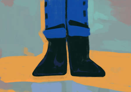 Aesthetic expressionist painting with black boot on yellow background expressionism painting, artwork, expressionism. Peaceful painting with strong color. Illustration for printの写真素材