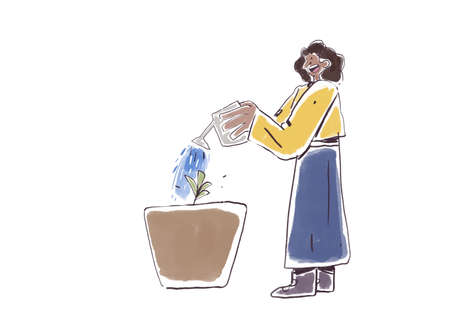 Happy woman sprays her flowerpot with a small plant, garden and cartoon lifestyle. Amusing cartoon with vivid color. Clip art for website, print and adsの写真素材