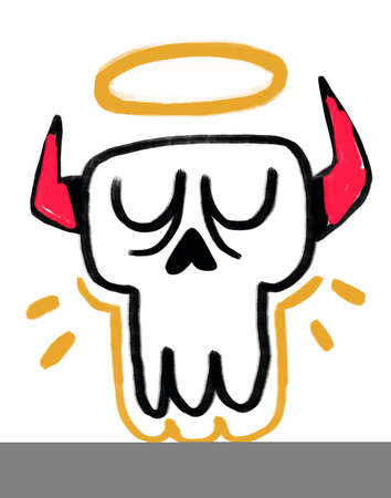 Amusing demonic skull with horns and angel ring, graffiti and bold line art. Aesthetic acrylic painting with intense color. Artwork for website, print and adsの写真素材
