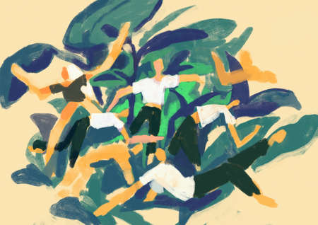 Gorgeous people together have a good time in the forest, mix-media art, arty painting. Mysterious gouache painting with intense color. Artwork for wall art, print and posterの写真素材