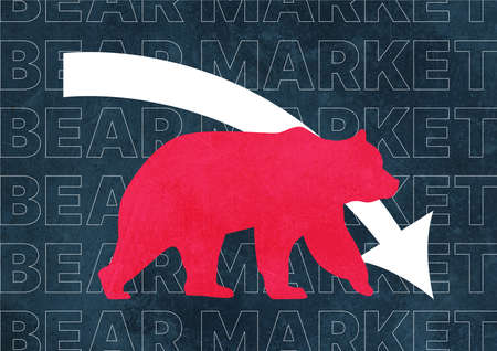 Beautiful red bear and a downward arrow indicating the fall of the stock market with repeating text say bear market, stock market down and bear concept. Artful poster with strong color.の写真素材