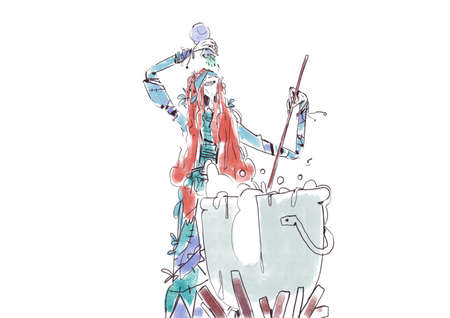 Sarcastic old redhead druid makes a potion in magic cauldron. druid in role-playing games, rpg watercolor sketch, cartoon and strip. Artistic drawing with brilliant. Graphics for articleの写真素材