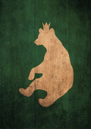 Funny the king bear wears a crown, he sits among the shadows of the forest, green and peaceful atmosphere concept, peaceful atmosphere. Joyful artwork with deep color. Poster for catalogの写真素材