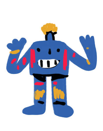 Strange funny blue guy, with a head instead of the belly, very smiling, graffiti and bold line art. Esthetic Watercolor with vibrant color. Artwork for cover, event and printの写真素材