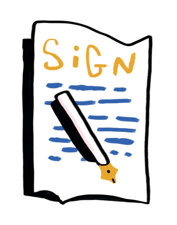 Cheerful minimalist scene indicating a document to be signed minimalist line, graffiti and bold line art. Aesthetic gouache with deep color. Concept for bannerの写真素材