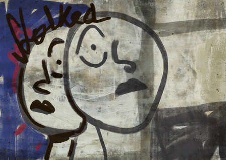 Exciting graffiti woman portrait line art, with shocked face and text with shocked write, mix-media on wall illustration, graffiti painting and mix media. Horrifying acrylic painting with intense color.の写真素材