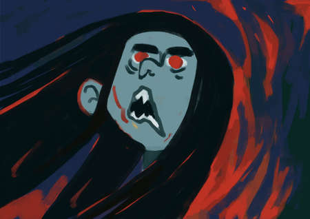 Beautiful cartoon guy portrait with long hair screams in the middle of a battle fire and darkness around him, art, cartoon painting. Creative Watercolor with brilliant. Picture for art printの写真素材