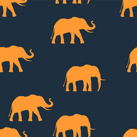 Sarcastic seamless pattern multiple elephant trunk up and walking yellow animals on dark blue, animal elephant pattern. Esthetic artwork with strong color. Artwork for bannerの写真素材