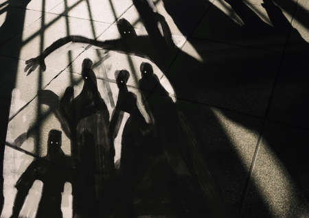 Beautiful black shadow of scary ground people painting on photography and mix-media, illustration, grunge painting. Aesthetic acrylic painting with intense color. Artwork for wall artの写真素材