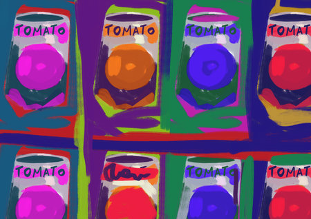Aesthetic tomato duplicated in the style of Andy Warhol and pop art but with grunge and street art style, mix-media art, pop art. Energetic painting with intense color. Illustration for art industryの写真素材