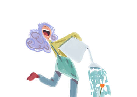 Joyful girl with a watering can that only plants, garden and cartoon lifestyle. Hilarious graphics with saturated color. Cartoon for flayer, print and posterの写真素材