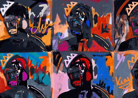 Weird multiple crown poster pop-art and graffiti portrait, mix-media artwork, grunge art and graffiti painting. Exciting painting with strong color. Illustration for wall artの写真素材