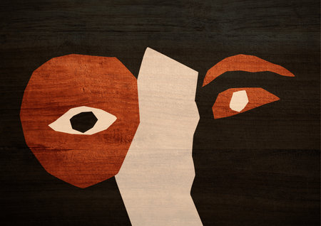 Tranquil face cut out with terra color and eye face, bauhaus and abstract art. Creative artwork with strong color. Poster forの写真素材