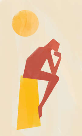 Calm red figurative abstract person thinking with sun, inspired from famous sculpture, abstract art. Fancy poster with vibrant color. Artwork for printの写真素材