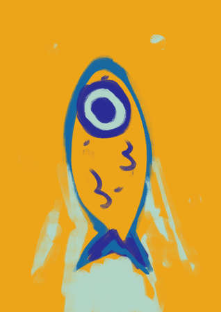 Tranquil fish with big eye and yellow monochromatic, illustration, neoplastic art and people. Creative oil painting with Bright color. Artwork for wall art, print and posterの写真素材