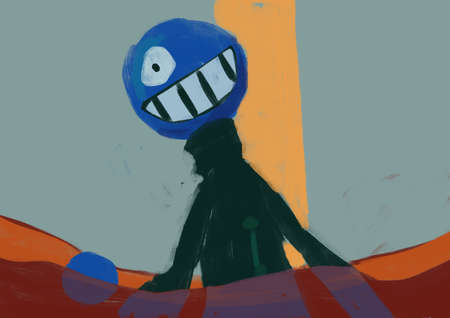 Horrifying person carries a giant head with a scary smile expressionism painting, illustration, painting graffiti and mix media. Gorgeous oil painting with vivid color. Illustration for printの写真素材