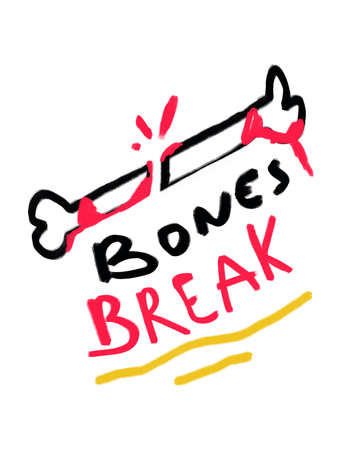 Funny bone broken in two with a text, graffiti and bold line art. Creative acrylic painting with Bright color. Illustration for print, wall art and eventの写真素材
