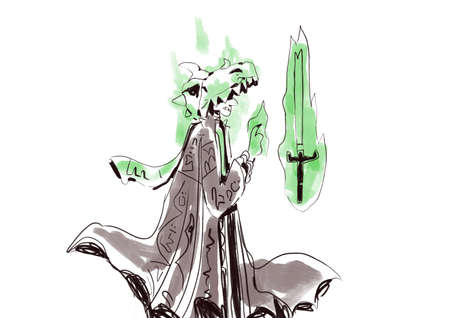Joyful necromancer magician, wearing a dragon skull as a mask and stealing a sword with his necromantic and demonic powers, cartoon and strip. Aesthetic clip art with vibrant color.の写真素材