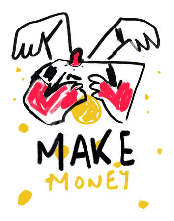 Parody make money with arms raised and full of coins falling from the sky. with text, graffiti and bold line art. Aesthetic acrylic painting with saturated color. Illustration for posterの写真素材