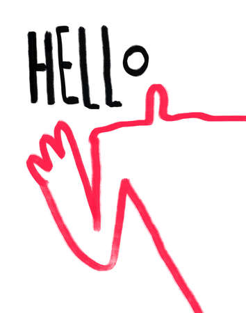 Lovely fat man drawn with a thick line in red, only the outline says hello, graffiti and bold line art. Aesthetic gouache painting with harmonious color. Painting for articleの写真素材