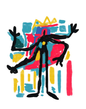 Cheerful Four-armed black creature with a crown, Graffiti 80s inspiration afro american artist. Aesthetic painting with harmonious color. Concept for promo, ads and posterの写真素材