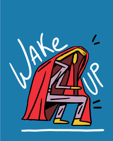 Funny wake up, guy under the comforter not ready for the day with blue background, street art and 80s graffiti. Creative gouache painting with deep color. Painting for wall artの写真素材