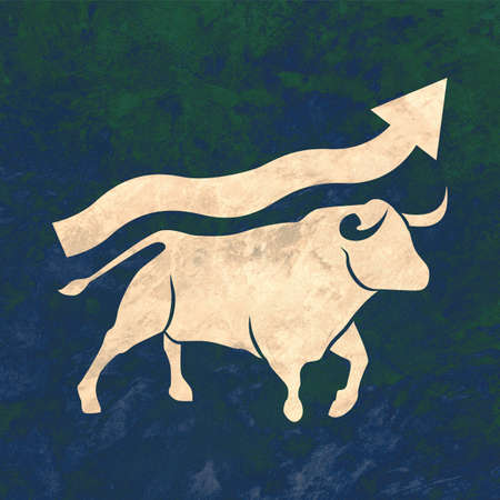 Fancy the stock market and positive the arrow goes up with a bull, bull market and stock market. Aesthetic illustration with vibrant color. Artwork for flayer, print and posterの写真素材