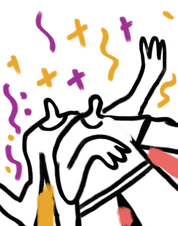 Funny symbolic character in motion and joy, graffiti and bold line art. Artistic oil painting with rich and colorful. Painting for poster, art industry and bookの写真素材