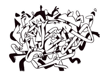 Peculiar group of people together touching and mixes and is on top of each other, graffiti and expressionism art. Stormy comic strip with no color. Drawing for posterの写真素材