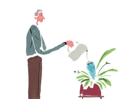 Happy sixty year old man calmly arose his bushy plant, garden and cartoon lifestyle. Funny illustration with deep color. Illustration for print, wall art and eventの写真素材