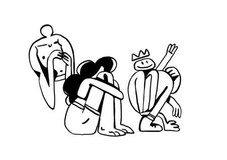 Weird children kneeling and sitting with hands hanging down, tattoo and ink design. Lovely illustration with black and white. Drawing for media, web, bookの写真素材