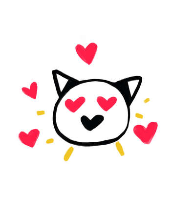Amusing small portrait of a very simplistic cat with pink eyes in the heart, it shines, graffiti and bold line art. Aesthetic acrylic painting with rich and colorful. Picture for flayerの写真素材