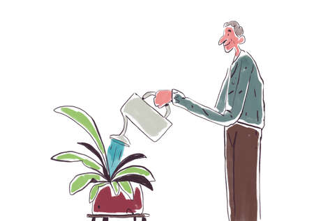 Happy sixty year old man calmly arose his bushy plant, garden and cartoon lifestyle. Funny illustration with strong color. Comic strip for website, print and adsの写真素材