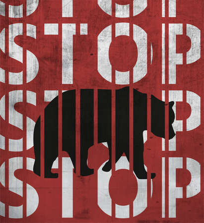 Dark endangered animals, stop animal extension symbolic jail with big text stop, bear illustration and animal advocacy. Esthetic artwork with strong color. Illustration for bannerの写真素材